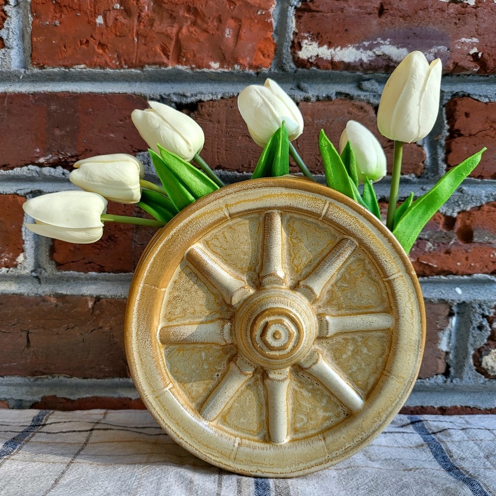RARE Frankoma‎ Wagon Wheel WALL POCKET Brown 94Y Wall Vase VTG MCM Western Decor